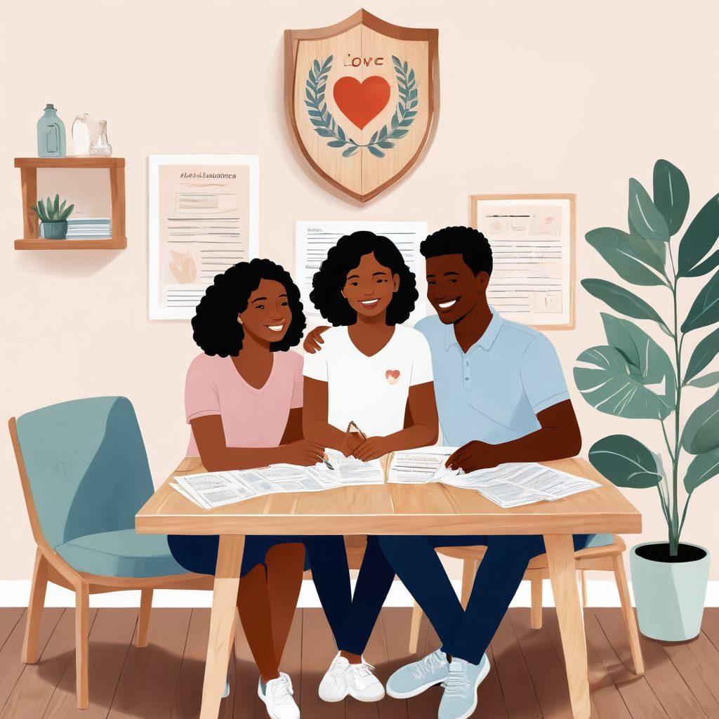 A cozy scene depicting a diverse couple sitting at a table with insurance documents spread out, smiles and reassurance on their faces. In the background, a family portrait hangs on the wall, symbolizing love and unity. An illustration of a heart-shaped shield subtly incorporated into the design represents protection and security. soft pastel colors. vector art.