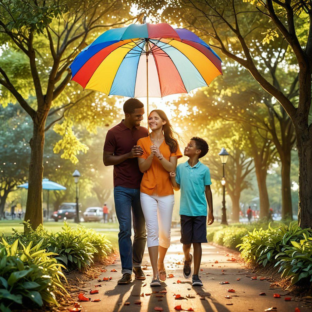 A warm-hearted family scene showcasing parents and children joyfully navigating a park. They hold umbrellas labeled with different insurance plans, symbolizing coverage and protection. In the background, a vibrant sun sets, representing hope and security in relationships. Include playful elements like hearts and insurance symbols floating around. bright colors. super-realistic. uplifting atmosphere.
