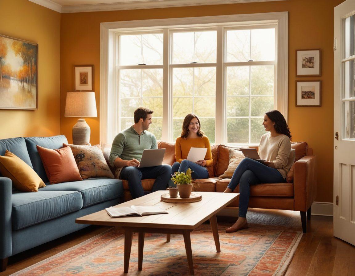 A warm and inviting living room setting featuring a loving couple discussing insurance options at a cozy coffee table, with papers and a laptop open, soft afternoon sunlight streaming through a window, family photos in the background, representing stability and safety in home life. super-realistic. vibrant colors. warm tones.
